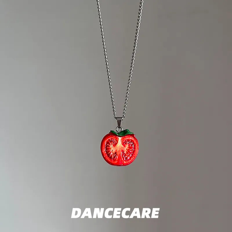 DANCECARE Tomato Pendant Necklace – Cute Half Tomato, Unisex Adjustable 60+5cm