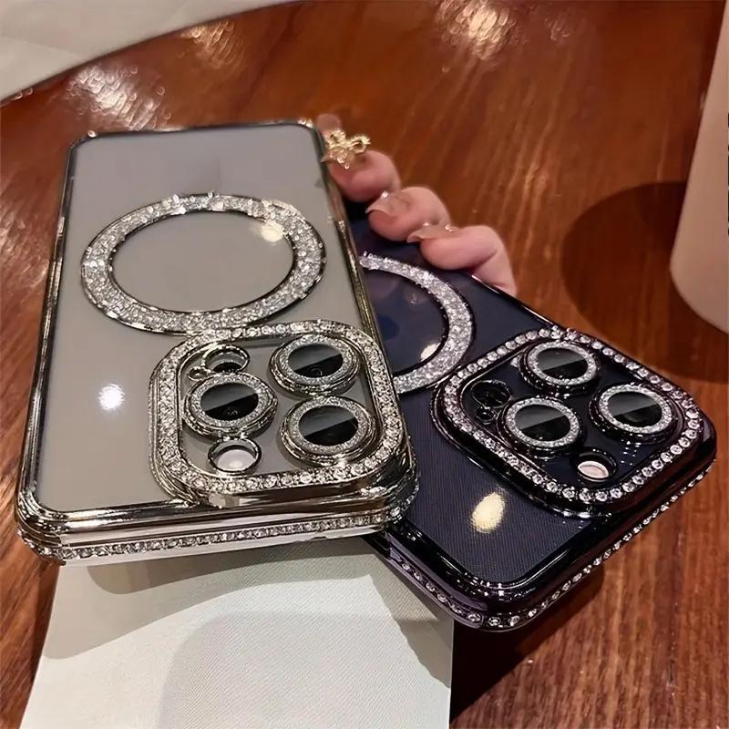 Fashion Rhinestone Luxury Glitter Diamond Transparent Case Magnetic Wireless Charge Bumper Cover Shockproof Protection Protective Phone Cases For Women Decor Phone Accessories Compatible with iPhone 16 15 14 13 12 11 Plus Pro Max, Casing