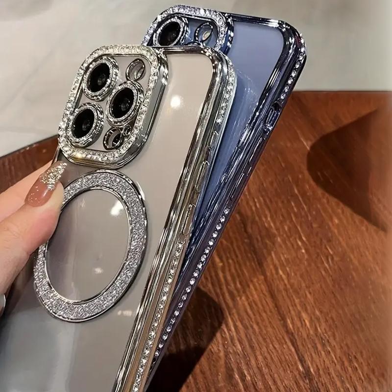 Fashion Rhinestone Luxury Glitter Diamond Transparent Case Magnetic Wireless Charge Bumper Cover Shockproof Protection Protective Phone Cases For Women Decor Phone Accessories Compatible with iPhone 16 15 14 13 12 11 Plus Pro Max, Casing