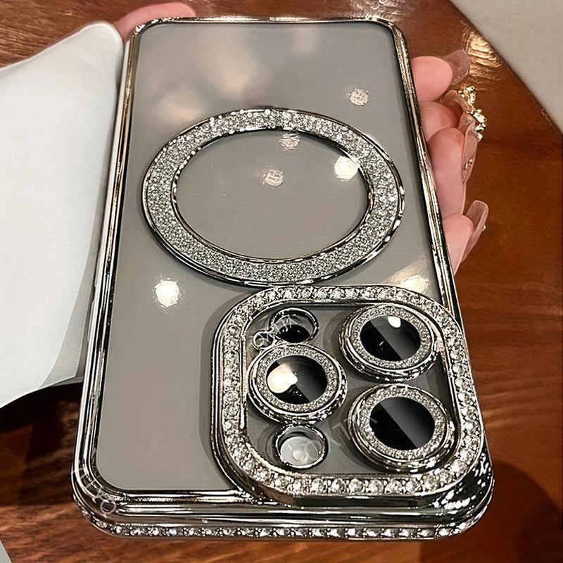 Fashion Rhinestone Luxury Glitter Diamond Transparent Case Magnetic Wireless Charge Bumper Cover Shockproof Protection Protective Phone Cases For Women Decor Phone Accessories Compatible with iPhone 16 15 14 13 12 11 Plus Pro Max, Casing