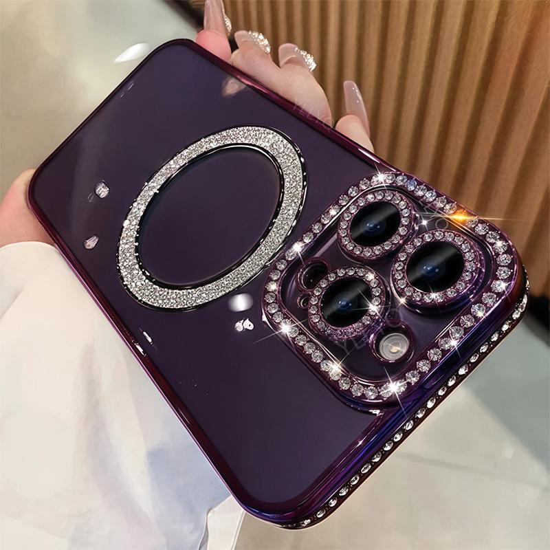 Fashion Rhinestone Luxury Glitter Diamond Transparent Case Magnetic Wireless Charge Bumper Cover Shockproof Protection Protective Phone Cases For Women Decor Phone Accessories Compatible with iPhone 16 15 14 13 12 11 Plus Pro Max, Casing