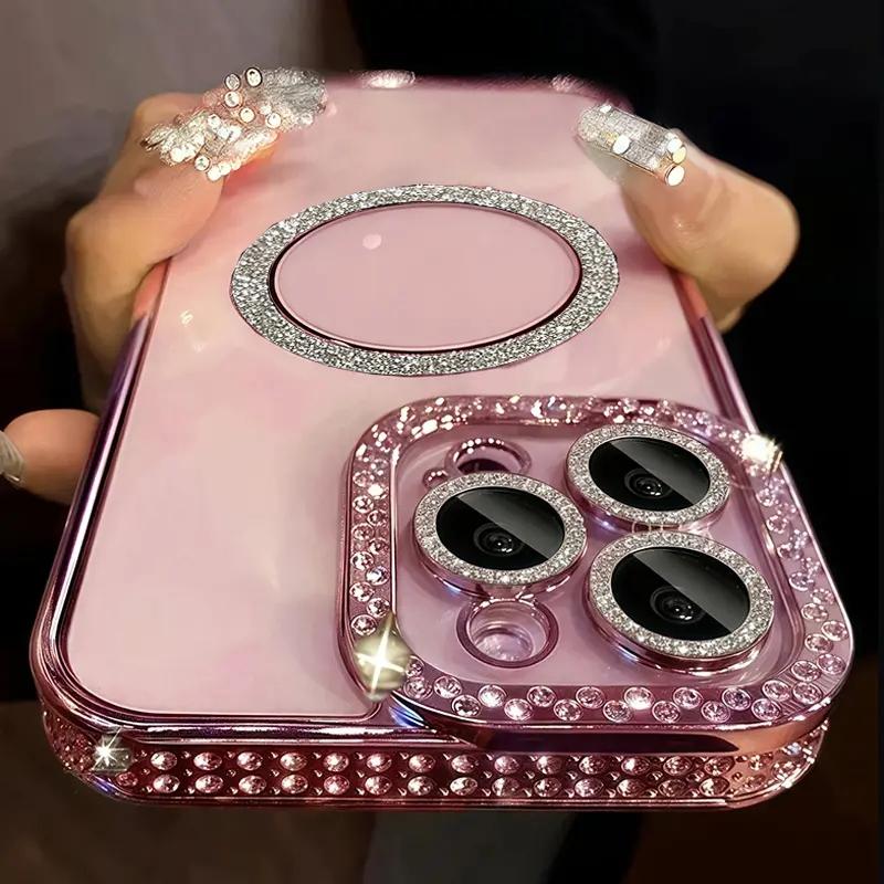 Fashion Rhinestone Luxury Glitter Diamond Transparent Case Magnetic Wireless Charge Bumper Cover Shockproof Protection Protective Phone Cases For Women Decor Phone Accessories Compatible with iPhone 16 15 14 13 12 11 Plus Pro Max, Casing