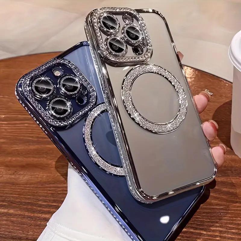 Fashion Rhinestone Luxury Glitter Diamond Transparent Case Magnetic Wireless Charge Bumper Cover Shockproof Protection Protective Phone Cases For Women Decor Phone Accessories Compatible with iPhone 16 15 14 13 12 11 Plus Pro Max, Casing