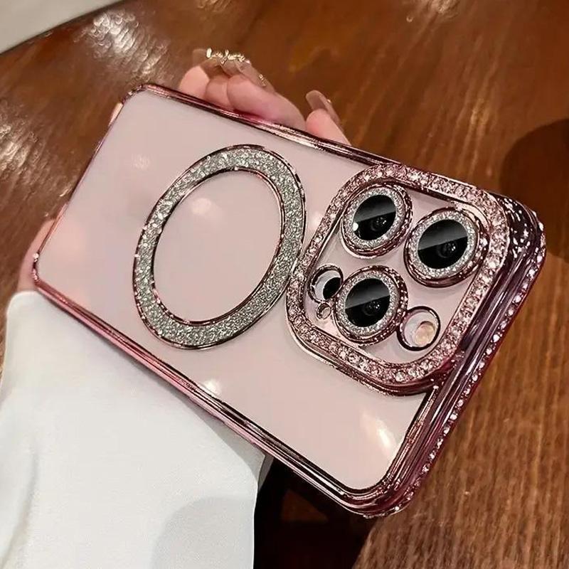 Fashion Rhinestone Luxury Glitter Diamond Transparent Case Magnetic Wireless Charge Bumper Cover Shockproof Protection Protective Phone Cases For Women Decor Phone Accessories Compatible with iPhone 16 15 14 13 12 11 Plus Pro Max, Casing