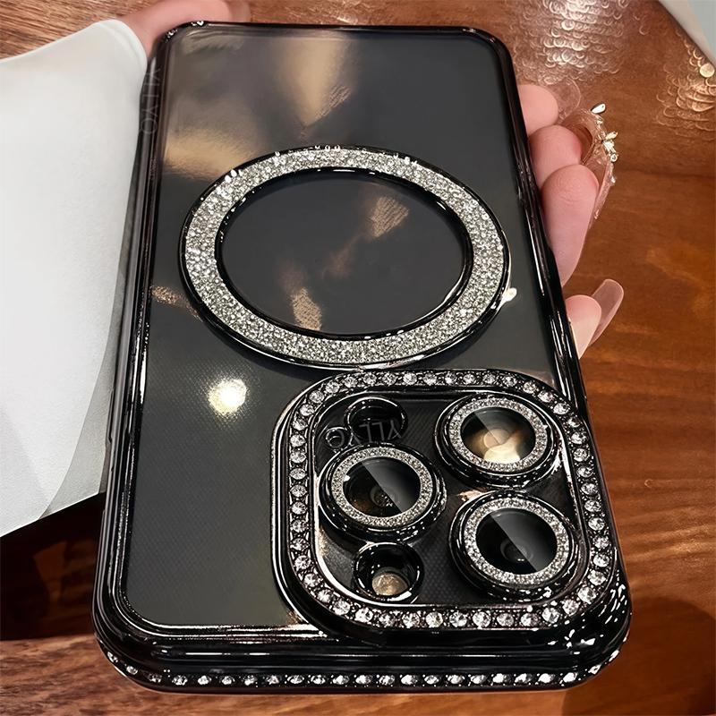 Fashion Rhinestone Luxury Glitter Diamond Transparent Case Magnetic Wireless Charge Bumper Cover Shockproof Protection Protective Phone Cases For Women Decor Phone Accessories Compatible with iPhone 16 15 14 13 12 11 Plus Pro Max, Casing