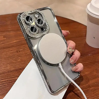 Fashion Rhinestone Luxury Glitter Diamond Transparent Case Magnetic Wireless Charge Bumper Cover Shockproof Protection Protective Phone Cases For Women Decor Phone Accessories Compatible with iPhone 16 15 14 13 12 11 Plus Pro Max, Casing