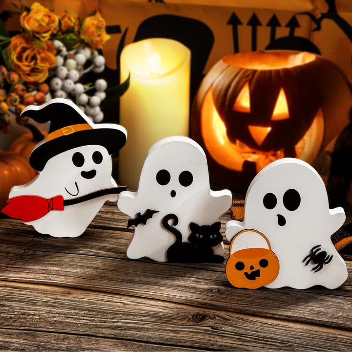 Halloween Wooden Ghost Decor – Cute Holiday Tabletop Decoration Ornament
