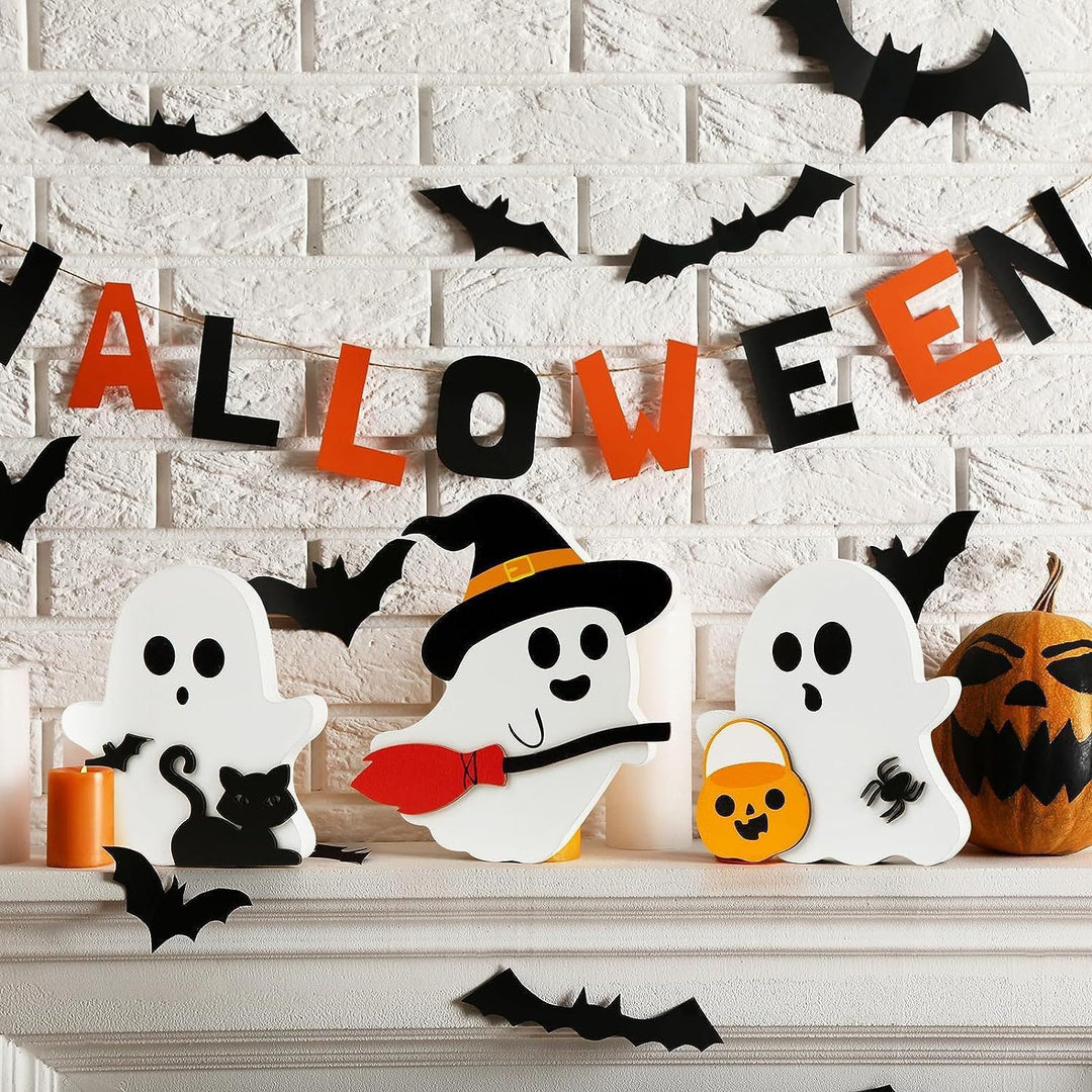 Halloween Wooden Ghost Decor – Cute Holiday Tabletop Decoration Ornament
