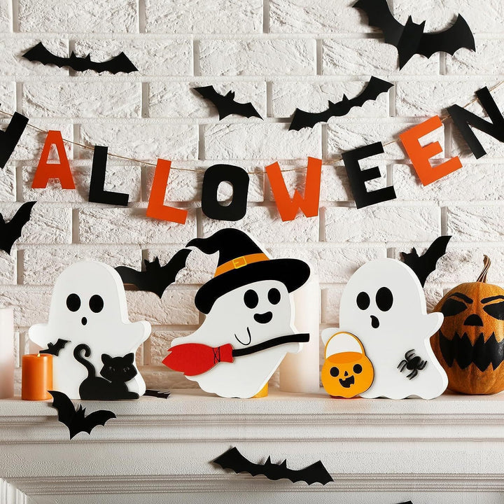 Halloween Wooden Ghost Decor – Cute Holiday Tabletop Decoration Ornament