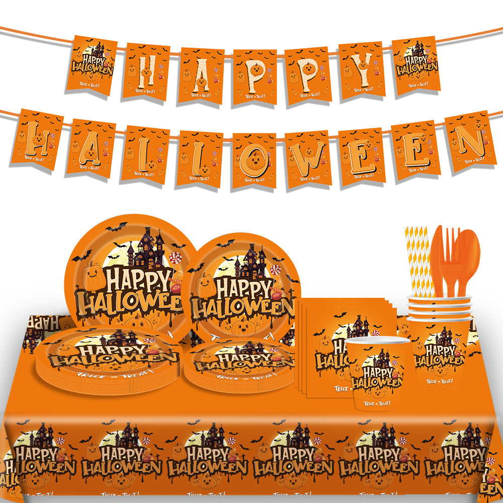 Halloween Castle Party Tableware Set – Plates, Cups, Tablecloth & Banner 🎃🏰