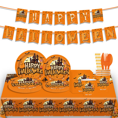 Halloween Castle Party Tableware Set – Plates, Cups, Tablecloth & Banner 🎃🏰