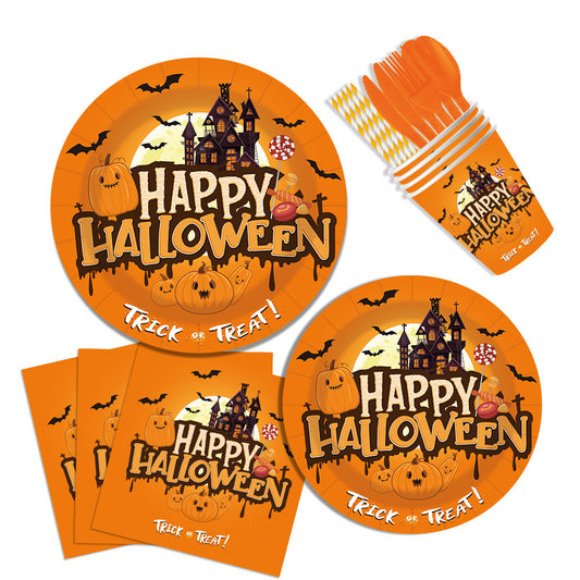 Halloween Castle Party Tableware Set – Plates, Cups, Tablecloth & Banner 🎃🏰