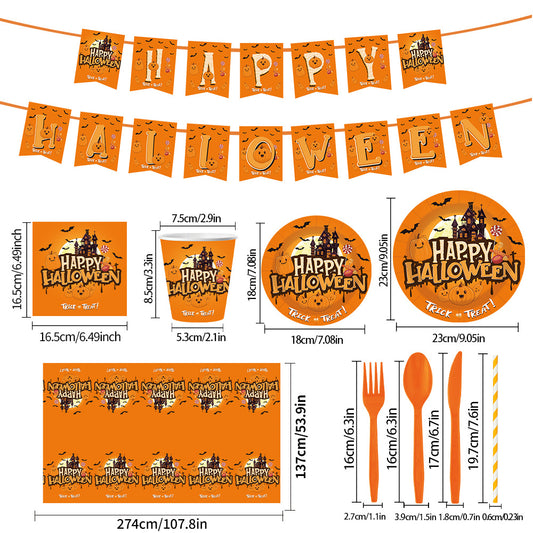 Halloween Castle Party Tableware Set – Plates, Cups, Tablecloth & Banner 🎃🏰