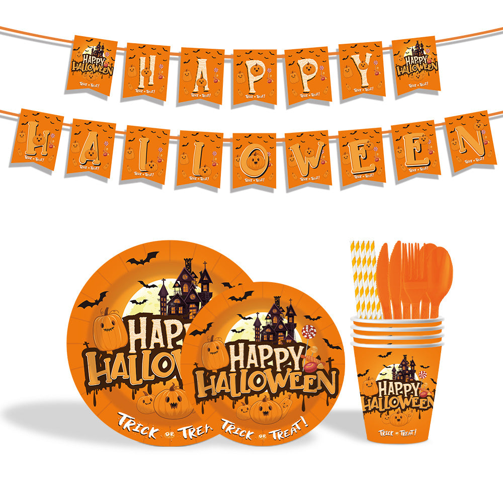Halloween Castle Party Tableware Set – Plates, Cups, Tablecloth & Banner 🎃🏰