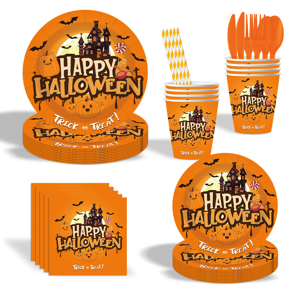 Halloween Castle Party Tableware Set – Plates, Cups, Tablecloth & Banner 🎃🏰