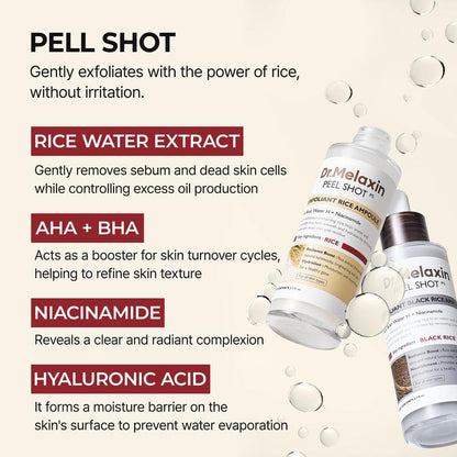 [Dr.Melaxin Official] Peel Shot Glow Rice Ampoule Duo - Serums for Brightening, Exfoliating, and Moisturizing - Suitable for All Skin Types